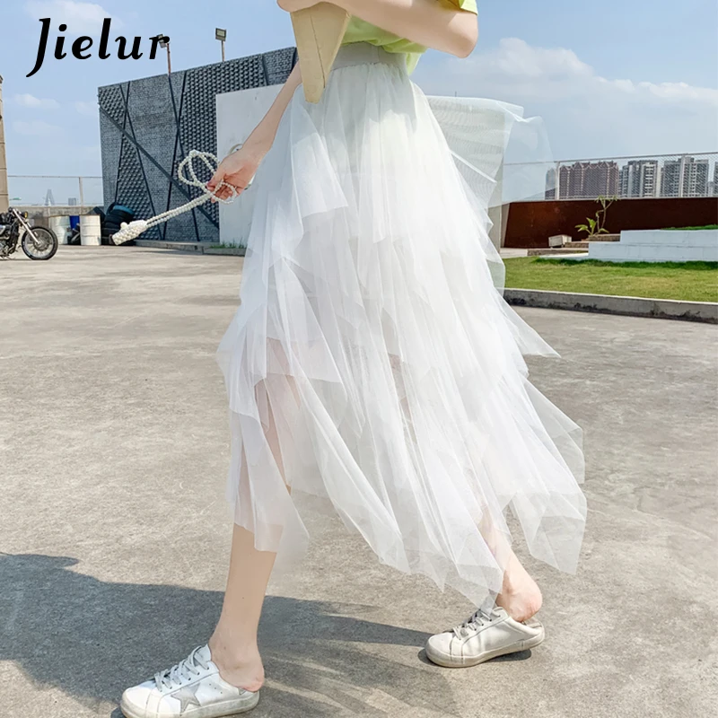 

Jielur Black Gray White Skirt Women New High Waist Irregular Yarn Mesh Skirt Female High Street Chic Lady Faldas 7 Colors