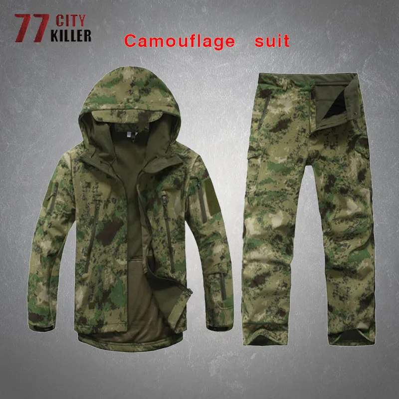 Tactical Camouflage TAD Shark Skin Soft Shell Jackets Set Men Waterproof Hooded Windbreaker Male Camo Military Jacket and Pants