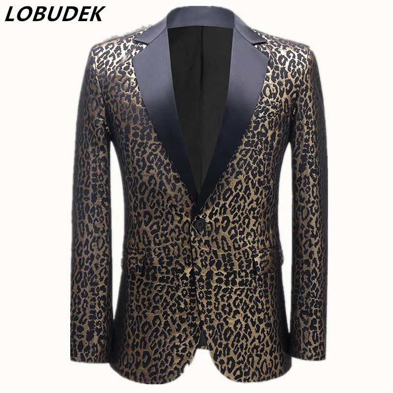 Men's Leopard Suit Jacket Jacquard Blazers Male Singer Host Stage Performance Tuxedo Coat Evening Party Bar Show Wedding Costume