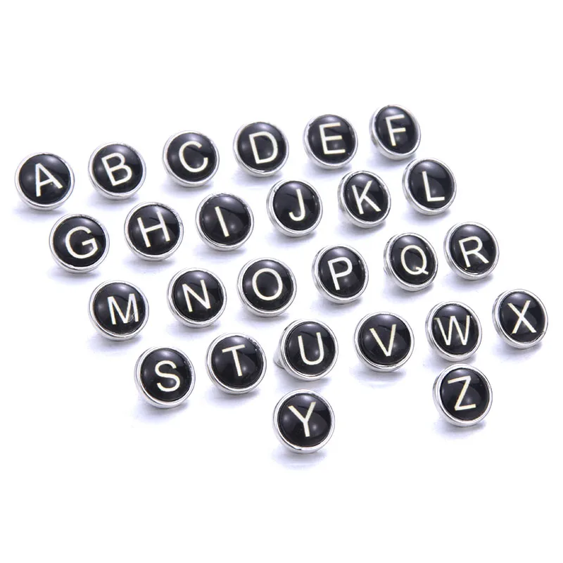 High Quality Black Letters Rhinestone Metal Glass Round 12mm 18mm Snap Button Jewelry Alphabet A-S DIY Jewelry fit Snap Jewelry