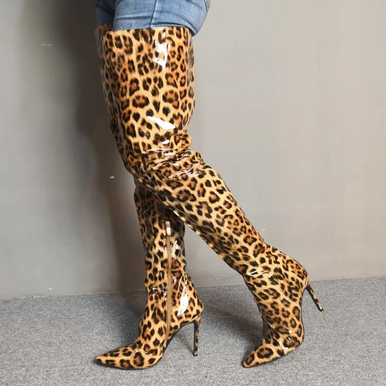 

Real Photos Woman Thigh High Shiny Club Boots Stiletto High Heels Pointed Toe Super Sexy Leopard Party Shoes Women US Size 5-15