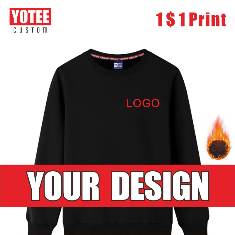 YOTEE Winter Men\'s Logo Custom Embroidery Printing Fleece Sweatshirt O-neck Pullover Hoodie Simple Fashion Sweatshirt Custom