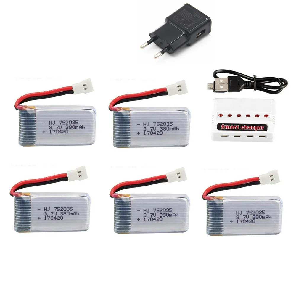 3.7V 380mAh LiPo แบตเตอรี่และ 6 IN1 Charger สำหรับ Hubsan X4 H107 H107L H107D JD385 JD388 RC อะไหล่เฮลิคอปเตอร์ 752035 แบตเตอรี่