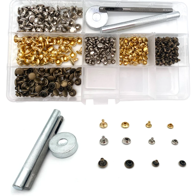 가죽 리벳 키트 180 세트, 싱글 캡 리벳, 관형 금속 스터드, 가죽 공예 수리용 설치 도구 3 개, 6mm, 8mm