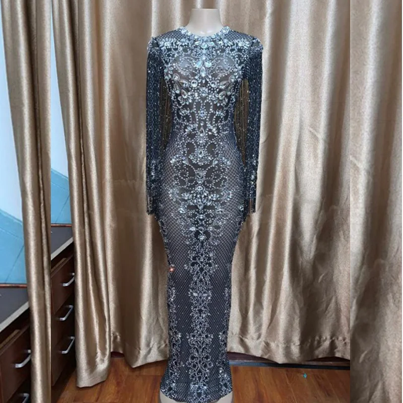 Luxury birthday outfit Sparkly Crystals Long Dress Evening Party Rhinestones Dresses  celebrity costume