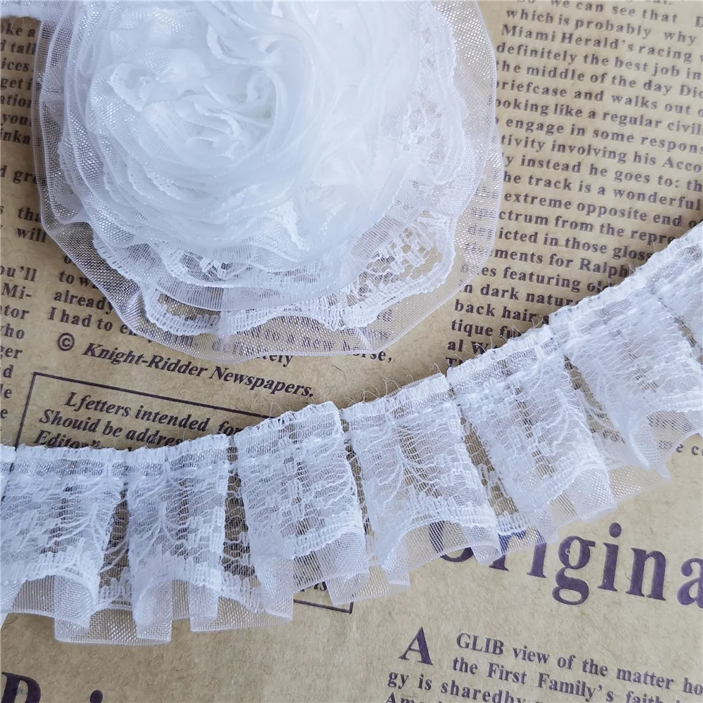 5 متر الأبيض 2-layer 25 مللي متر مطوي التشذيب الأورجانزا شريطة من الدانتيل لوازم الخياطة الحرفية ملابس دمى فستان الزفاف اكسسوارات