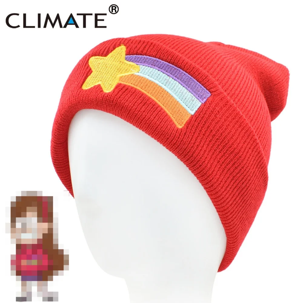 CLIMATE  Mabel Pines Hat Girls Women Winter Red Beanie Mabel Dipper Warm Knitted Hat Red Star Anmation Nice Red Hat