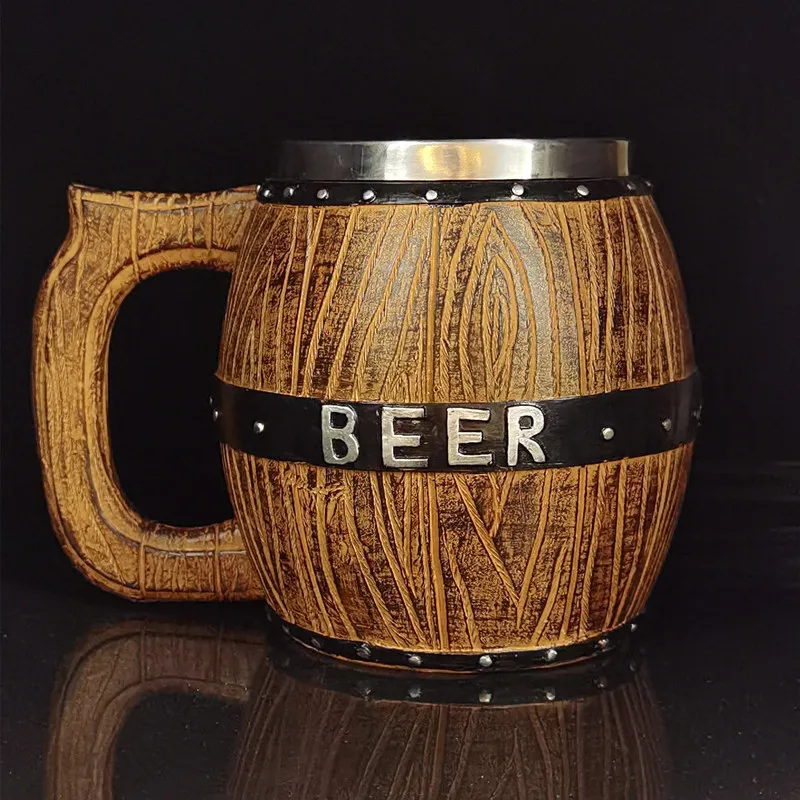 580ML Oak Barrel Style Beer Mug Simulation Wooden Barrel Beer Cup Double Wall Drinking Mug Metal Insulated as Christmas Gift