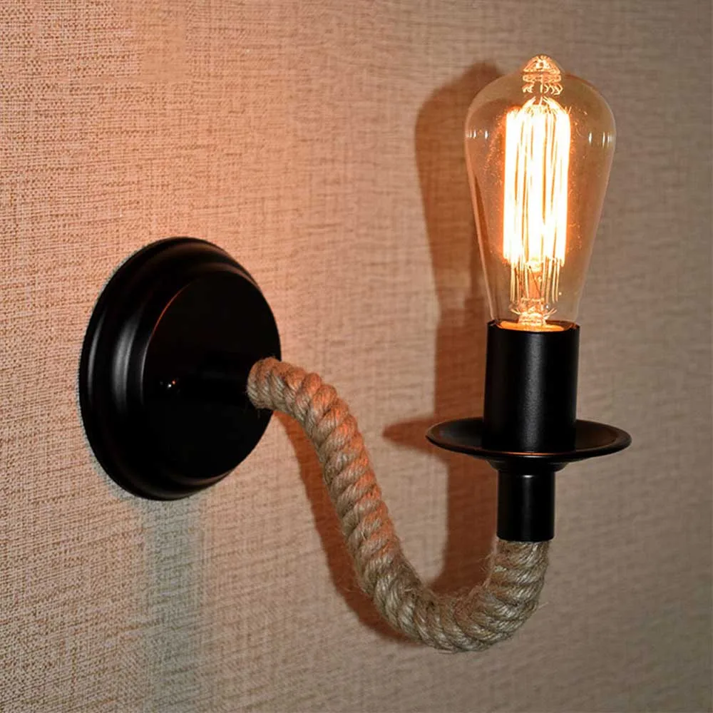 Vintage Wall Sconce, Creative Hemp Rope Metal Industrial Wall Lamp for Bar, Kitchen, Living Room, Bedroom, E27 Recessed Light