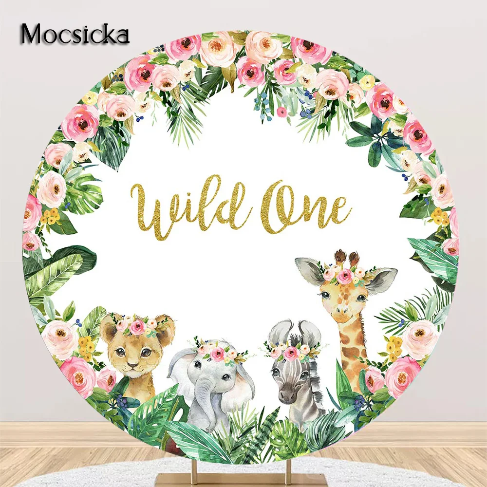Latar belakang Ulang Tahun hutan bayi baru lahir bundar latar belakang pesta binatang liar Satu bunga latar belakang pesta Safari hutan lingkaran anak-anak ulang tahun DIY