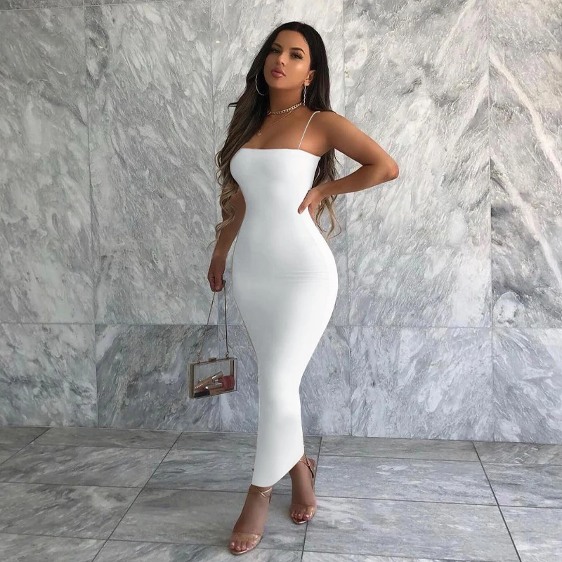 Fashion Women's Sexy Solid Color Bodycon Dress Sleeveless Spaghetti Strap  Party Nightclub Long Dress White/Black/Burgundy - AliExpress