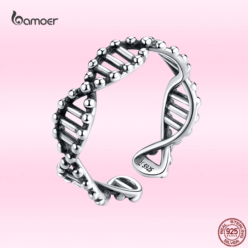 Bamoer GXR643 DNA Spiral Structure Adjustable Finger Ring Women Open Size Ring 925 Sterling Silver Jewelry Suit for Size 5~9