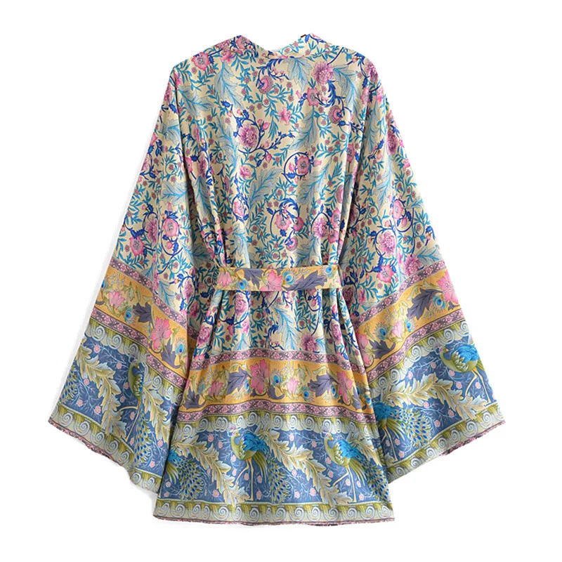 2021 Bohemia Women Peacock Bird Flower Print Kimono Shirt Holiday Beach Tie Bow Sashes Mid Long Cardigan Summer Blouse BOHO Tops