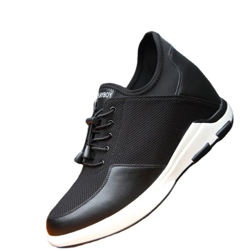 Spring and Autumn New Men\'s Height-increasing Shoes 10cm Height-increasing Leather Casual Shoes Mesh Sports Black Elevator Shoes