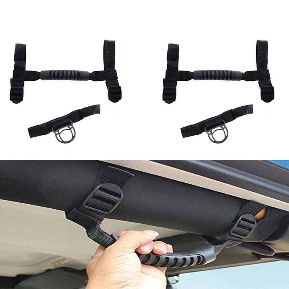 

4Pcs/set Car Roll Bar Grab Handles Grip Straps Coat Hooks for Jeep Wrangler JK CJ YJ TJ 1996-2017