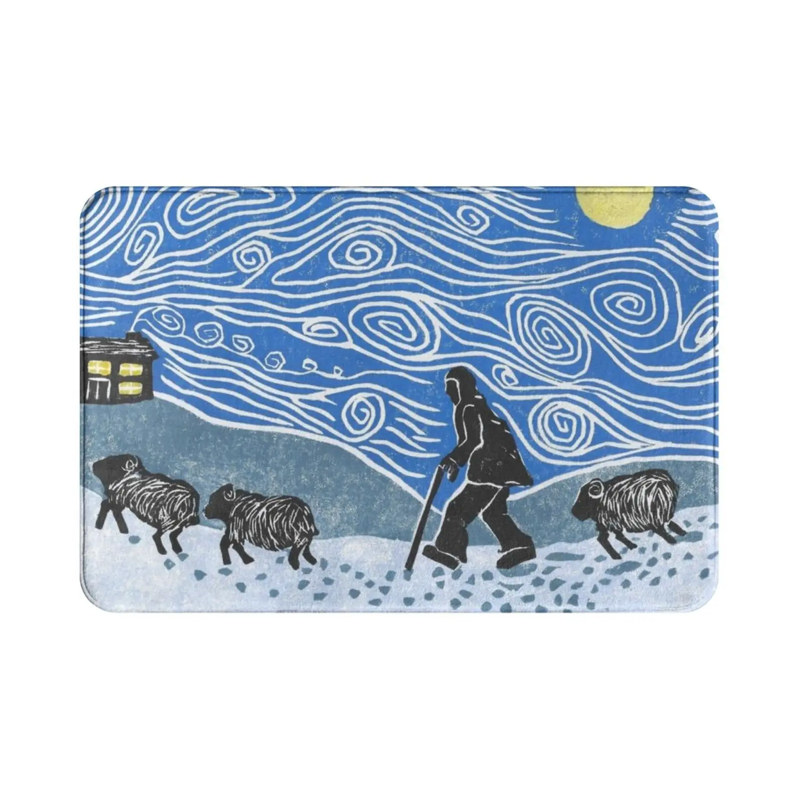 Headed Home Shepherd Leading Sheep Home Carpet Mat Rug Cushion Soft Non-Slip Farming Sheep Shepherd Moon Winter Home Snow