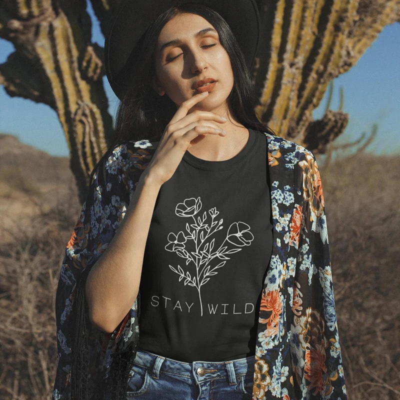 Stay Wild Flower T-shirt Aesthetic Summer Short Sleeve Wildflower Nature Tee Top Cute Women Hippie Grunge Tshirt