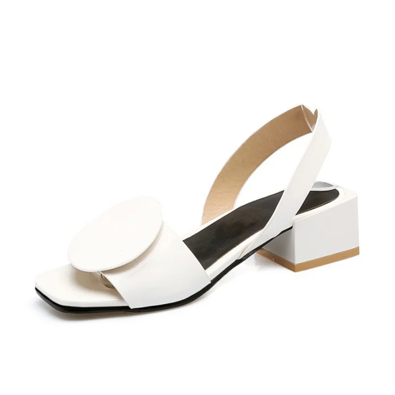 Black White Sandals Women Shoes Summer Square Heels Slip On Office Ladies Shoes Fashion Patent Leather Sandalias Mujeres WSH3893