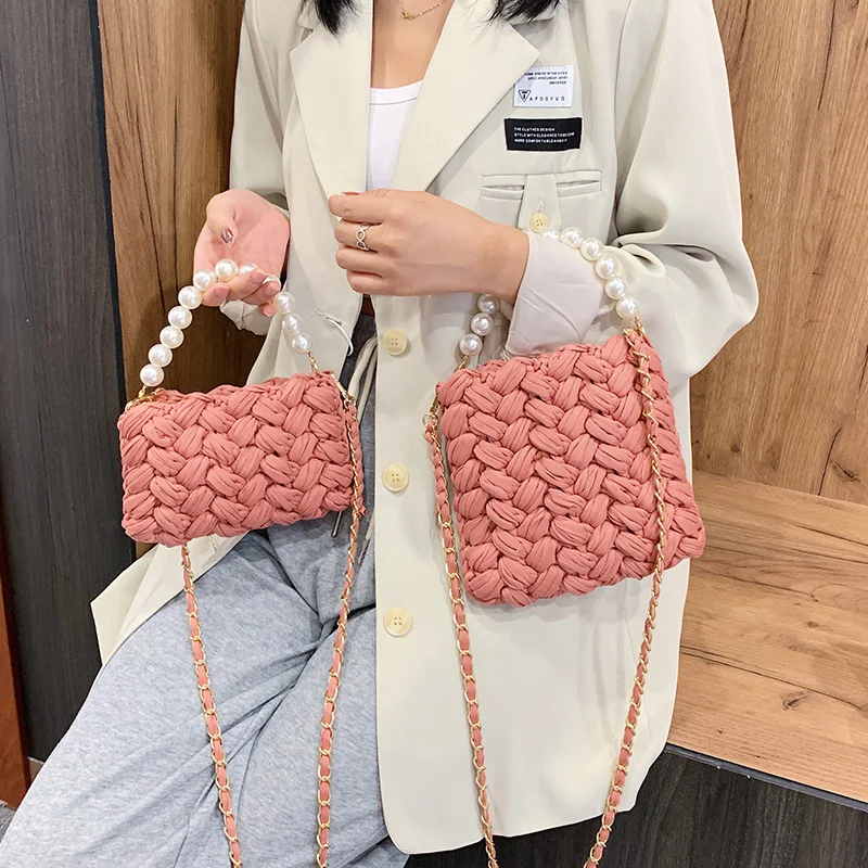 purses and handbags Handmade Cotton Crochet Women\'s Bag Pearl Chain Mini Portable Shoulder/Crossbody Bag