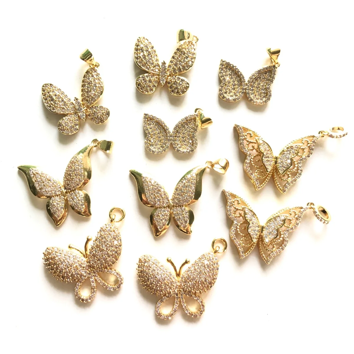 10pcs Mix Butterflies Charm Exquisite Pendant Bundle for Women Necklace Bracelet Making Cubic Zirconia Pave Gold-Plate Accessory