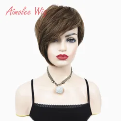 Aimolee Women's Wigs Caramel/Brown Asymmetric Inclined Bangs Short Straight Bob Natural Synthetic Wig