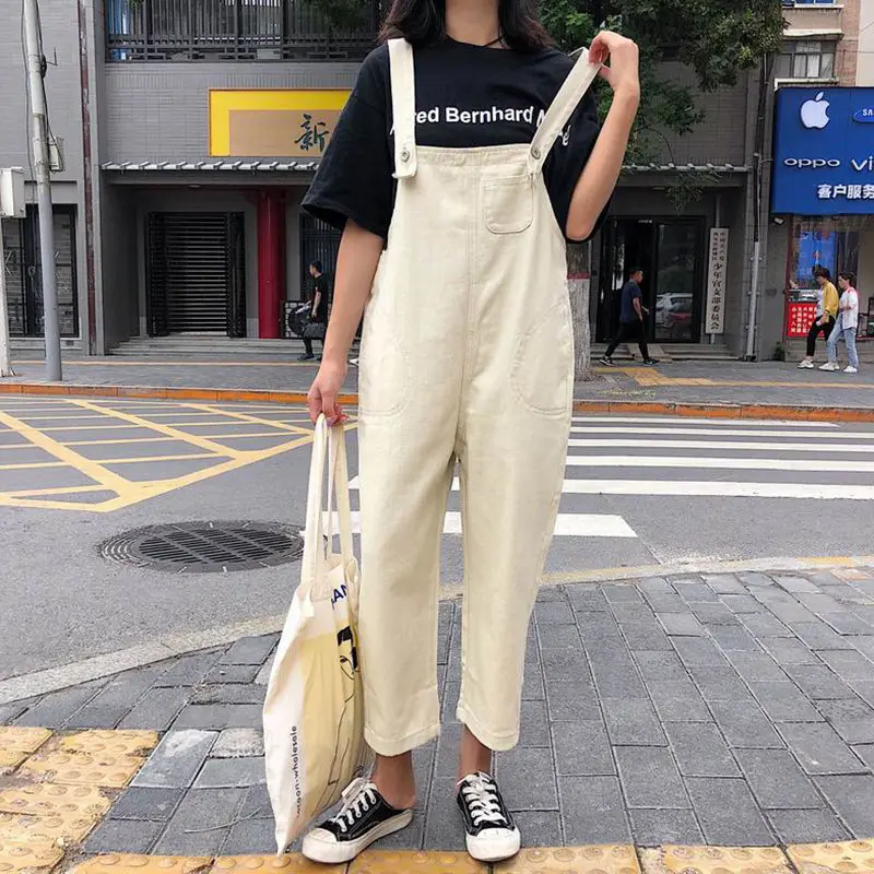 Denim Jumpsuits Women Solid Simple Ankle Length High Waist Streetwear Teenager Loose Straight Fashion Korean Chic Harajuku Retro