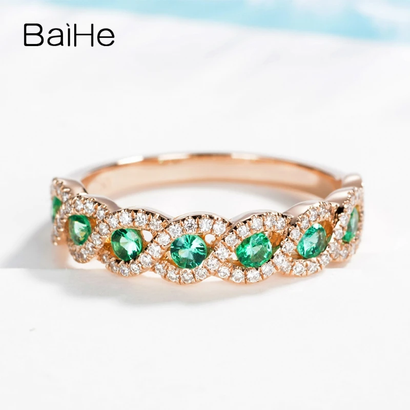 BAIHE Real Solid 14K Rose Gold Natural Emerald Diamond Ring Women Trendy Party Engagement Fine Jewelry Anillo Esmeralda エメラルドリング