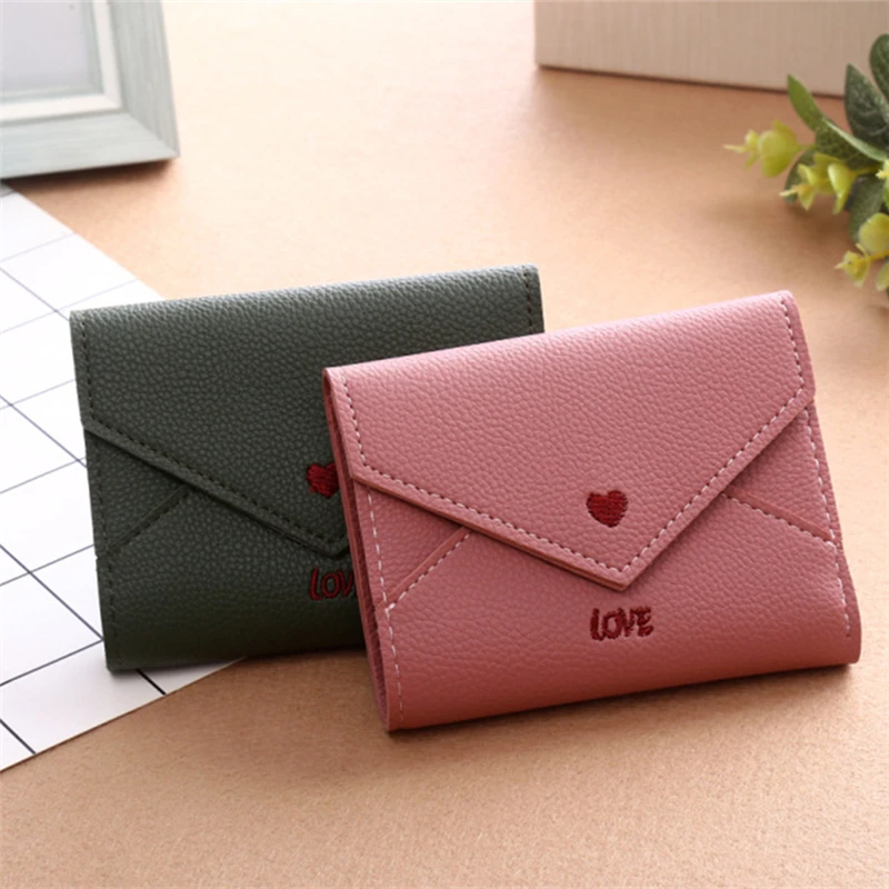 Korean Women Short Wallets Love Embroidery Small PU Leather Coin Purse Ladies Female Hasp Clutch Multifunction Money Card Holder