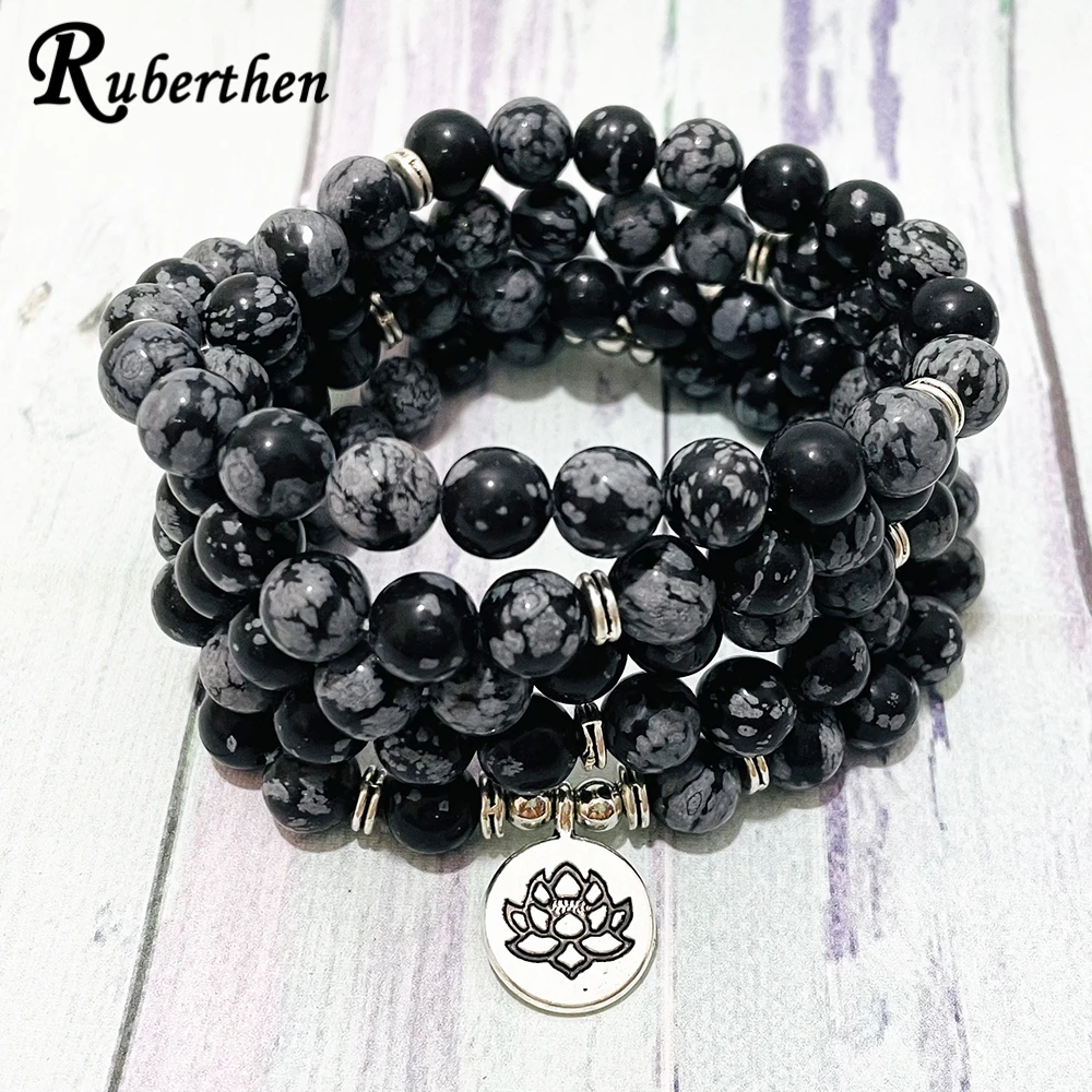 Ruberthen A Grade Snowflake Jasper 108 Mala Bead Bracelet Women`s Buddish Mala Bracelet Yoga Meditation Lotus Charm Bracelet