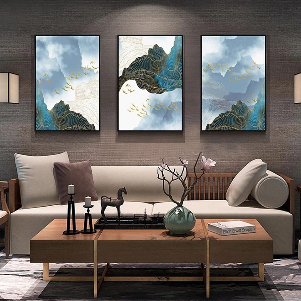 3 Pieces Modern Abstract Landscape Gold Birds Diamond Painting Wall Art Picture Diamond Embroidery Living Room DecorationZP-4891