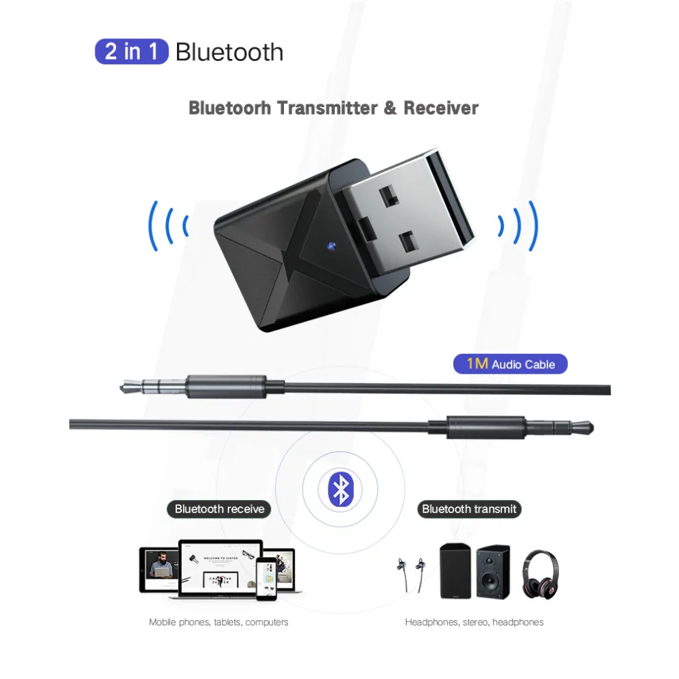 2 em 1 bluetooth 5.0 receptor de áudio transmissor estéreo mini bluetooth aux usb 3.5mm jack para tv pc a2 kit carro adaptador sem fio