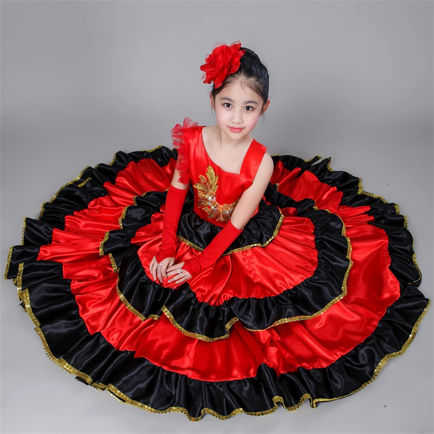 Kinderen Spaans Flamengo Jurk Voor Meisje Stierenvechten Kids Buikdans Kostuum Ballroom Gypsy Chorus Stage Performance Vestidos