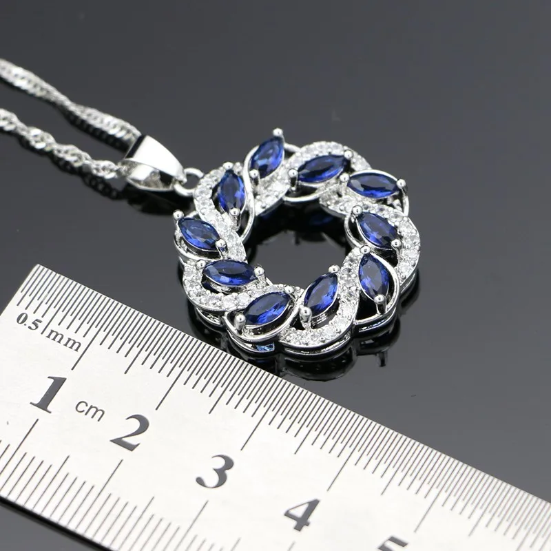 Round Pendant Blue Stones White Crystal 925 Silver Pendant Necklace for Women
