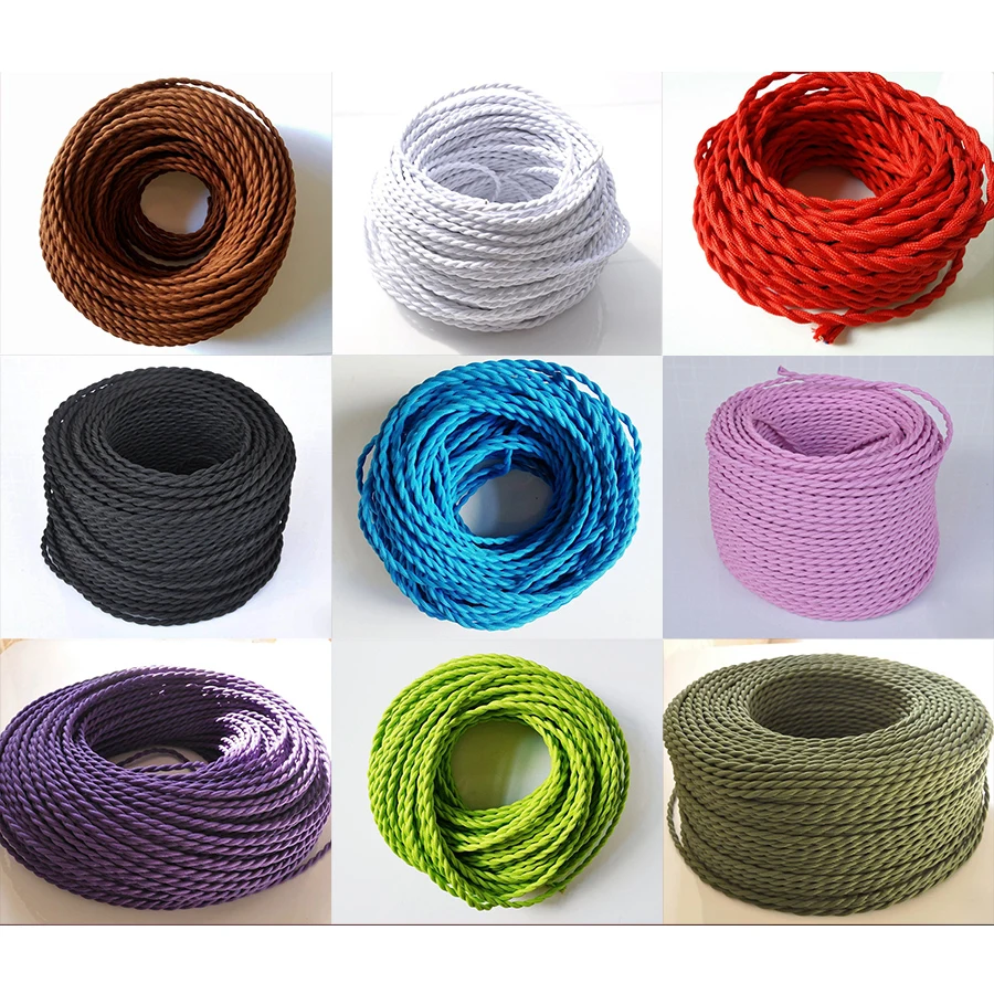 2*0.75mm Electrical Wire Vintage Twisted Textile Pendant Lamp Cord Retro Multiple Colour Retro Edison Lamp Base Overhead Cable