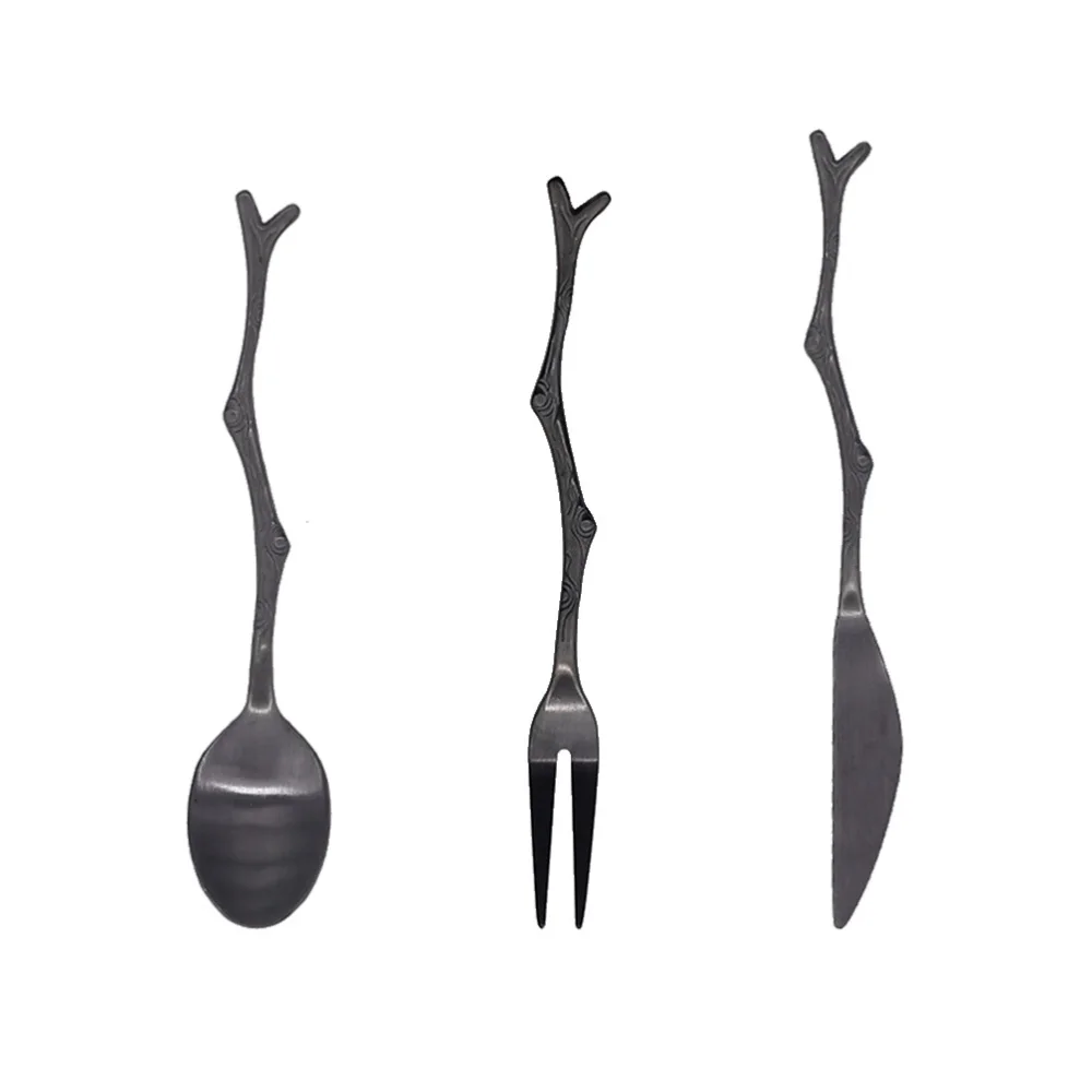 3pcs Stainless Steel Spoon Knife Fork Set Vintage Dinnerware Set Black Tree Branch Design Fruit Dessert Cutlery For Home