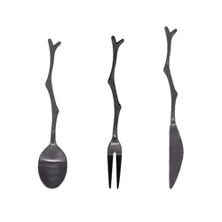 3pcs Stainless Steel Spoon Knife Fork Set Vintage Dinnerware Set Black Tree Branch Design Fruit Dessert Cutlery For Home