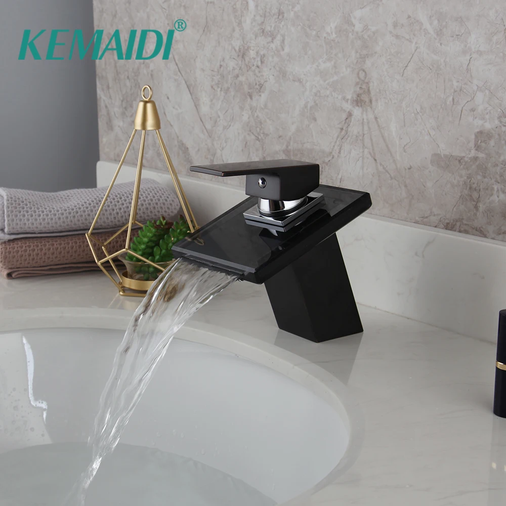 

KEMAIDI Bathroom Waterfall Faucet Glass Waterfall Brass Basin Faucet Bathroom Mixer Tap Deck Mounted Basin Sink Mixer Tap