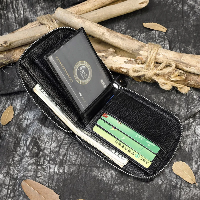 Luufan Unisex Chính Hãng Ví Da Thrifold Khóa Kéo Xung Quanh Túi Ngắn Ví Dây Kéo Đồng Xu Ốp Lưng Tích Tắc Thật Ví Da Đen