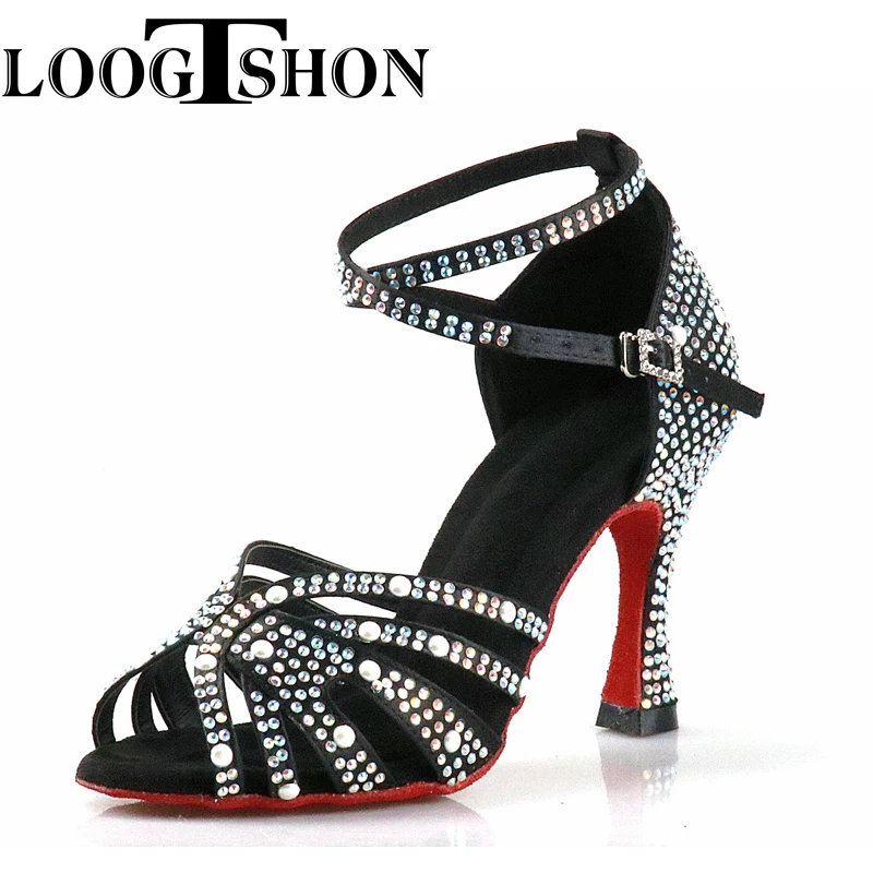 Loogtshon-zapatos de baile latino profesionales con diamantes de imitación, calzado de baile para mujer, color rosa y negro, 9CM