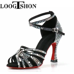 Loogtshon Rhinestone Professional Latin Dance Heel 9ซม.สีชมพู Lady Dance รองเท้า Samba Rumba Cha Cha เต้นรำรองเท้าโปรโมชัน
