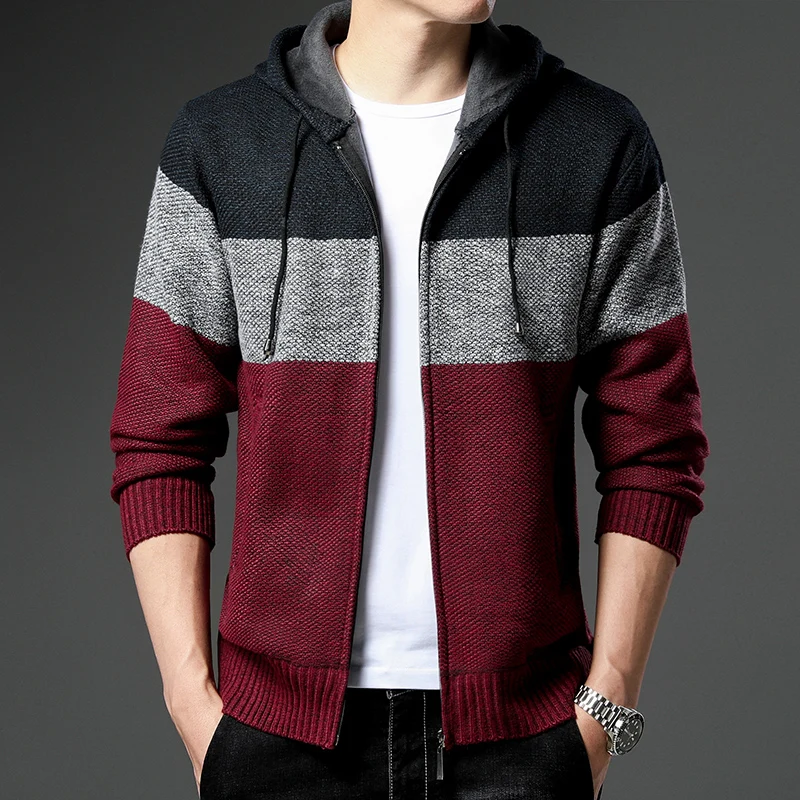 Plush Warm Hooded Sweater Coat Stripe Autumn Winter Fleece Sweater Men's Fashion Patchwork Y2K Sports Zipper Cardigan Jacket 4XL