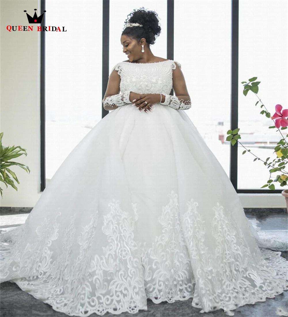 Plus Size Wedding Dresses Ball Gown Long Sleeve Tulle Lace Pearls Elegant Bridal Gown 2023 New Design Custom Made DS95