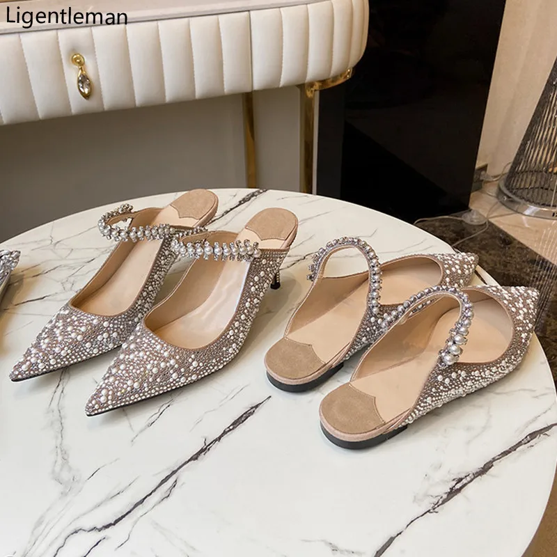 Shoes Pearl Rhinestones Flats Sandals Slippers Shoes For Women 2024 Trend Pearl Flat Sandals Slippers Bridal Wedding Women Shoes