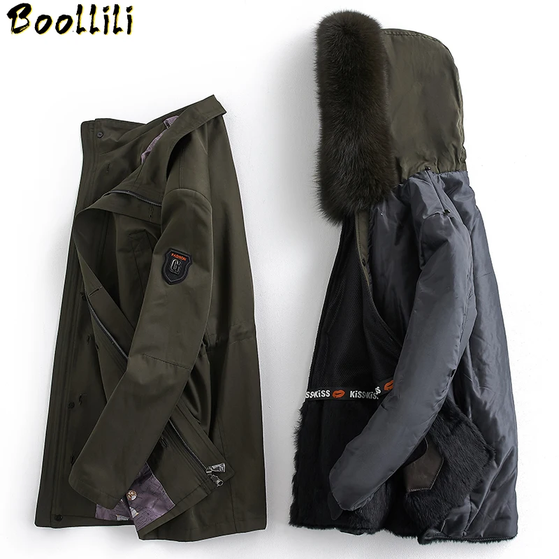 Fur Boollili Fox Collar Parka Mens Jackets Coats Real Rabbit Fur Liner Coat Winter Jacket Men Long Coats Warm Parkas