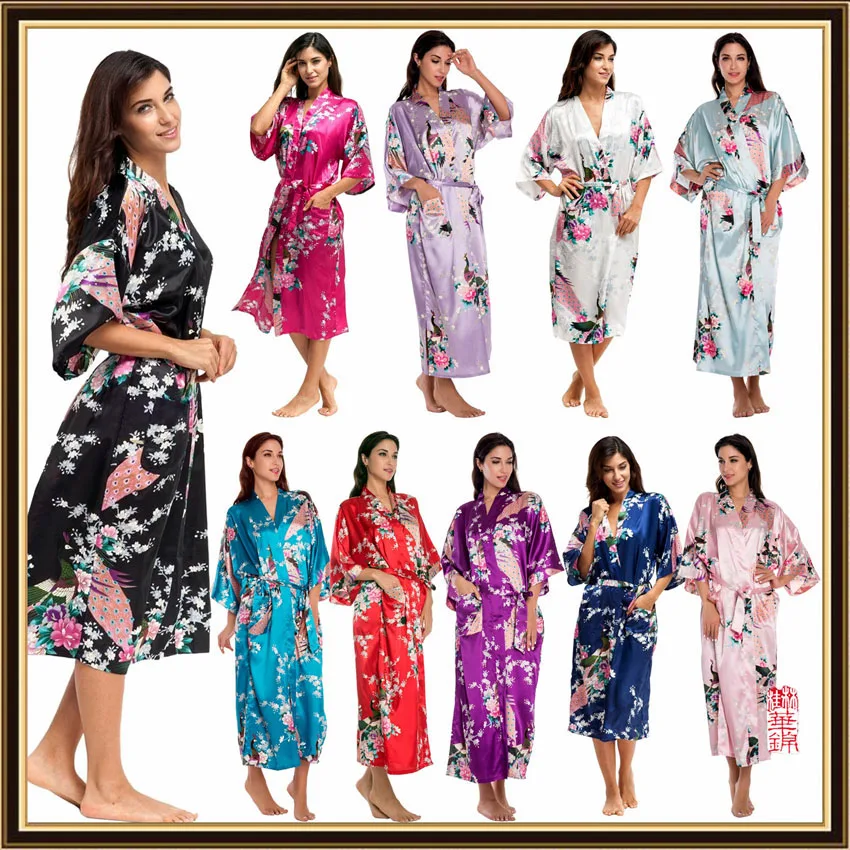 

Satin Silk V-neck Woman Nightgown Japanese Style Yukata Long Dress Smooth Summer Peacock Print Pajamas Nightgown Kimono