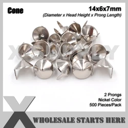 (14x6x7mm) Punk Conical Cone Stud With 2 Prongs Silver Nickel Color For Leather Belt,Bracelet,Handbag,Dog Collars