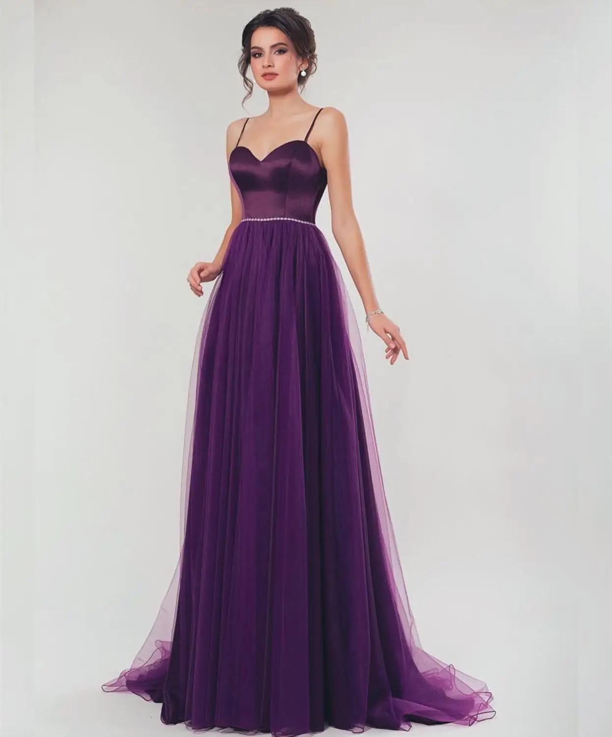 Robe de Soirée Élégante en Satin Violet avec Bretelles Spaghetti, Longueur au Sol, sur Mesure, Traîne sur Cour, pas Cher, Magnifique