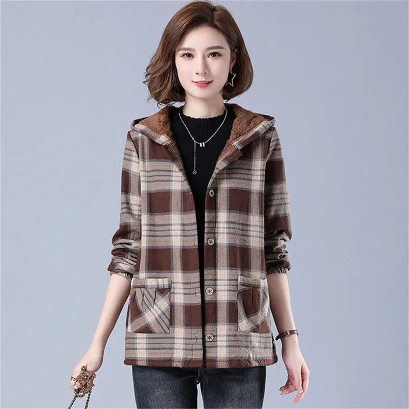 Autumn Winter Women Jacket Middle-Aged Elderly Mother Add Velvet Hooded Plaid Outerwear 2022 New Thick Marm Cotton Coat 5XL