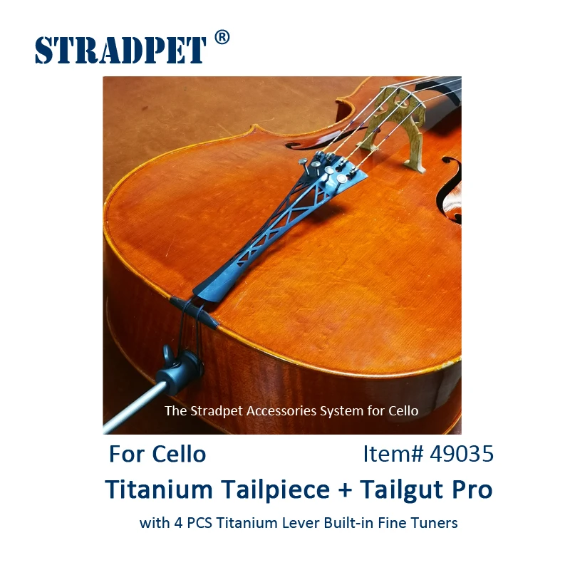 New! STRADPET Cello Titanium Tailpiece Set with Titanium tailgut Pro, 2 kinds of Fine Tuner Options