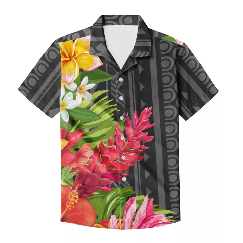 

HYCOOL 2021 Summer Luxury Red Black Shirt Men New Polynesian Tribal Short Sleeve Black Hawaii Floral Social Men Club Prom Shirt